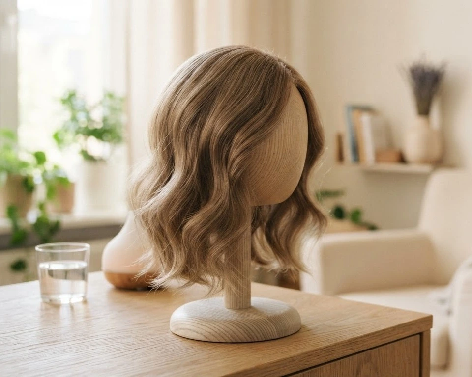 Handgemaakt haarwerk van echt haar op een houten standaard — All Hair